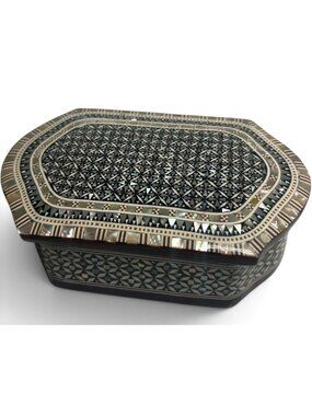 Inlaid Wooden MOP Trinket Jewelry Box Gift Geometric Mosaic Lined Keepsake